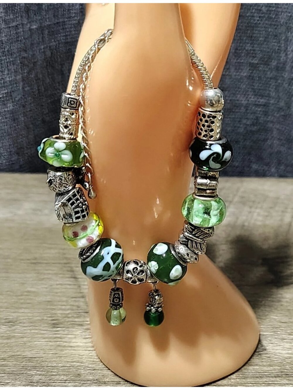 Silver Tone Metal Green Glass Beaded Charm Bracelet Rabbit Flower Butterfly